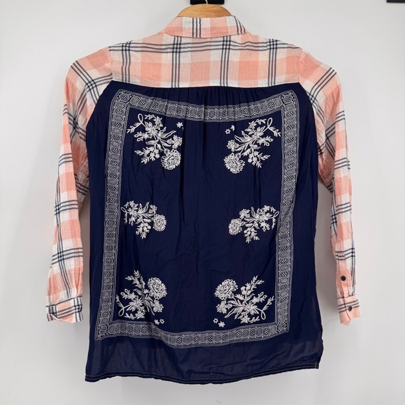 Free People Tops - Free People Button Down Womens M Pink Plaid Embroidered Mixed Media‎ Shirt
